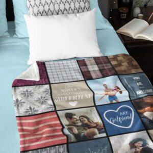 Romantic Gift for Girlfriend, Personalized Photo Collage Fleece or Sherpa Throw for Girlfriend's Birthday with Quilt Pattern, Customized Long Distance Relationship Present (Fleece5060)