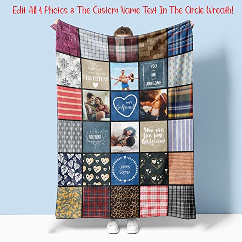 Romantic Gift for Girlfriend, Personalized Photo Collage Fleece or Sherpa Throw for Girlfriend's Birthday with Quilt Pattern, Customized Long Distance Relationship Present (Fleece5060)