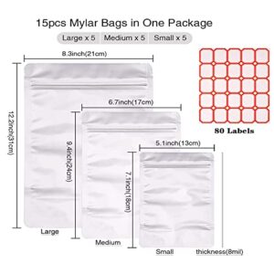 3 Sizes Mylar Bags for Food Storage, Reusable Moisture-Proof Aluminum Bags for Packing, Ziplock-Open Mylar Foil Bags Airtight Vacuum Dry-Packs Foods Packing for Food Sample Tea Coffee Seeds Packing Storage(15 PCS)