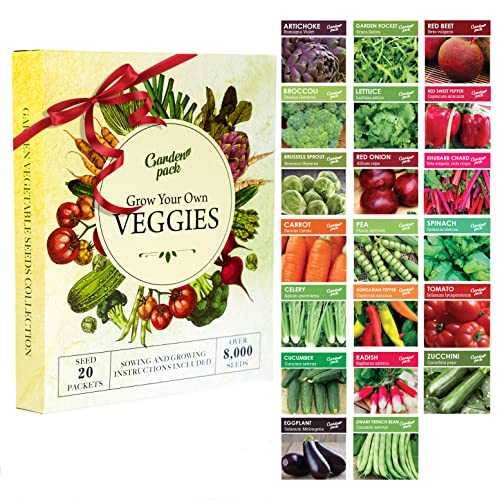 Grow Your Own Vegetables 20 Packet Variety, Garden Pack – High Yield Easy Seed Starter Kit for Growing Veggies at Home – Gardner Set with 8,000 Heirloom Seeds for DIY Outdoor & Indoor Garden…