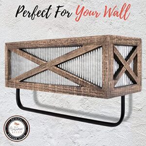 Autumn Alley Farmhouse Rustic Towel Rack Shelf Holder - Wood Towel Rack Basket Storage - Farmhouse Towel Holder for Rustic Bathroom and Farmhouse Kitchen Décor - Wall Mounted, Galvanized, Rustic Brown