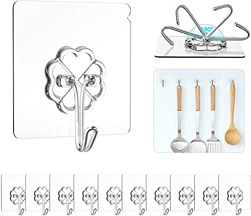 Adhesive Hooks, Heavy Duty Wall Hooks- 44 lb/ 20 kg(Max), Wall Hangers, Transparent Reusable Sticky Hooks, Utility Hooks for Bathroom, Kitchen, Door, Office, Window, Nail Free, Waterproof, Oil-Proof