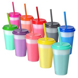 plastic kids cups with lids and straws - 10 pack 12 oz reusable tumbler with straw | color changing cup with lid adults bulk travel tumblers drinking cups for cold coffee