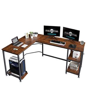 samtra l shaped desk with shelves storage computer study writing workstation table for home office, espresso
