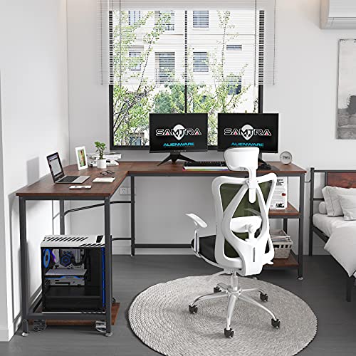 SAMTRA L Shaped Desk with Shelves Storage Computer Study Writing Workstation Table for Home Office, Espresso