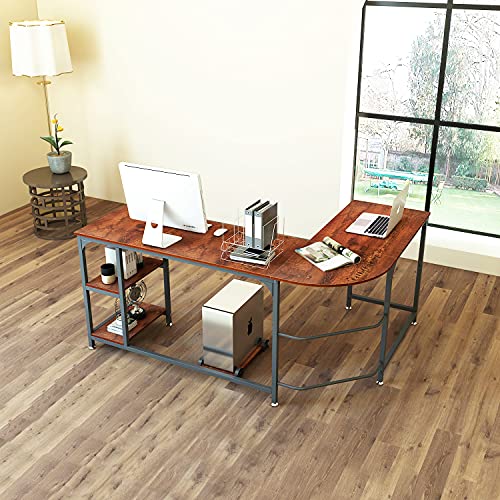 SAMTRA L Shaped Desk with Shelves Storage Computer Study Writing Workstation Table for Home Office, Espresso