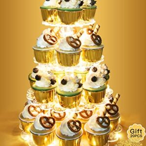 Sibeauty Cupcake Stand 4 Tier Round Acrylic Cupcake Display Stand with LED String Lights Cupcake Holder Stand Dessert Pastry Tower for Wedding Birthday Party