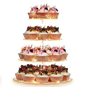 Sibeauty Cupcake Stand 4 Tier Round Acrylic Cupcake Display Stand with LED String Lights Cupcake Holder Stand Dessert Pastry Tower for Wedding Birthday Party