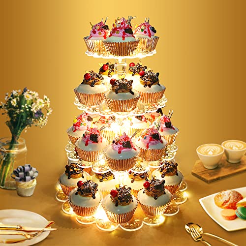 Sibeauty Cupcake Stand 4 Tier Round Acrylic Cupcake Display Stand with LED String Lights Cupcake Holder Stand Dessert Pastry Tower for Wedding Birthday Party