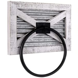 autumn alley barn door white bathroom farmhouse towel ring – wall mounted rustic hand towel holder – mix of wood and galvanized metal & black ring for country decor – farmhouse bathroom decor