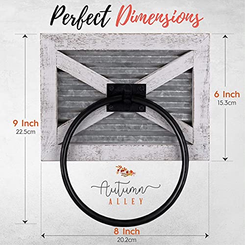 Autumn Alley Barn Door White Bathroom Farmhouse Towel Ring – Wall Mounted Rustic Hand Towel Holder – Mix of Wood and Galvanized Metal & Black Ring for Country Decor – Farmhouse Bathroom Decor