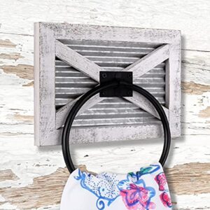 Autumn Alley Barn Door White Bathroom Farmhouse Towel Ring – Wall Mounted Rustic Hand Towel Holder – Mix of Wood and Galvanized Metal & Black Ring for Country Decor – Farmhouse Bathroom Decor