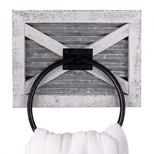 Autumn Alley Barn Door White Bathroom Farmhouse Towel Ring – Wall Mounted Rustic Hand Towel Holder – Mix of Wood and Galvanized Metal & Black Ring for Country Decor – Farmhouse Bathroom Decor