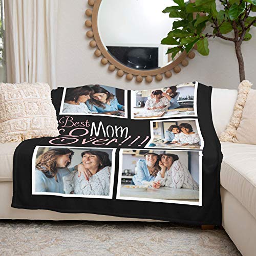 inkArts Best Mom Ever Custom Blanket with 5 Photos Personalized Picture Blanket Customized Gifts for Mom Grandma for Birthday Mother's Day Christmas, 15 Colors Available, 32"x48"