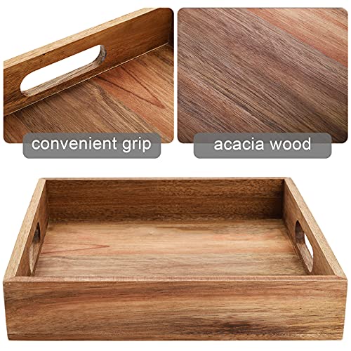 YOUEON Set of 2 Acacia Wood Serving Tray with Handles, 10x10x2 Inch Decorative Serving Trays, Ottoman Tray, Coffee Table Tray, Square Wood Tray for Food, Dinner, Coffee, Wine, Appetizer