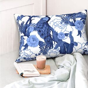 Wozukia Birds and Peonies in Blue Color Throw Pillow Cover Abstract Pattern in Chinoiserie Style with Peacock Lumbar Pillow Case Cushion for Sofa Couch Bed Standard Queen Size 20x30 Inch