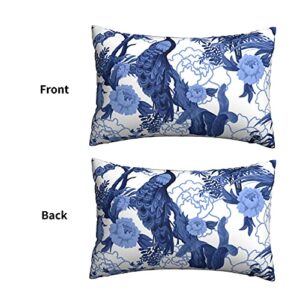 Wozukia Birds and Peonies in Blue Color Throw Pillow Cover Abstract Pattern in Chinoiserie Style with Peacock Lumbar Pillow Case Cushion for Sofa Couch Bed Standard Queen Size 20x30 Inch