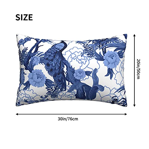 Wozukia Birds and Peonies in Blue Color Throw Pillow Cover Abstract Pattern in Chinoiserie Style with Peacock Lumbar Pillow Case Cushion for Sofa Couch Bed Standard Queen Size 20x30 Inch