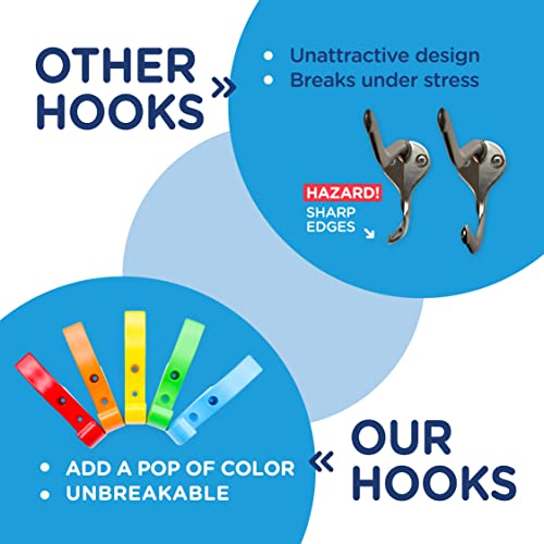 Toughook Heavy Duty Hooks for Hanging Coats, Jackets, Backpacks, Baseball Hats - Wall Mounted Rainbow Color Hangers for Kids, Perfect Hook for Classrooms, Bathroom Robes and Towels | Mini Hook 5-Pack