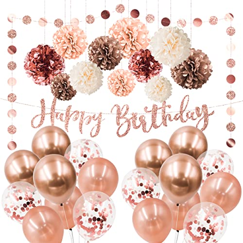 Rose Gold Party Decorations Set 30 Piece Party Supplies with Balloons, Paper Pom Poms, Paper Garland for Wedding, Bridal, and Baby Shower, Birthday Party