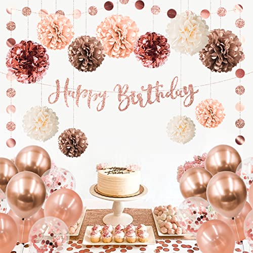 Rose Gold Party Decorations Set 30 Piece Party Supplies with Balloons, Paper Pom Poms, Paper Garland for Wedding, Bridal, and Baby Shower, Birthday Party