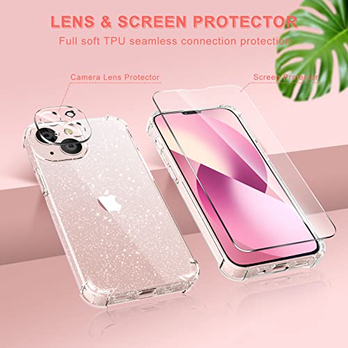 KSWOUS Sparkly Glitter Clear Case for iPhone 13 Mini 5.4 Inch with Screen Protector[2 Pack] + Camera Lens Protector[2 Pack], Soft Protective Case for Women Girls Cute Shockproof Cover(Glitter)