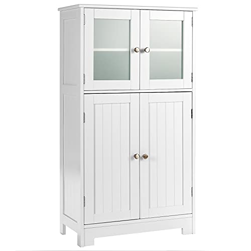 Tangkula Bathroom Floor Cabinet, Freestanding Storage Cabinet w/Glass Doors, Wooden Kitchen Cupboard w/Adjustable Shelf, Bathroom Storage Cabinet for Hallway Living Room Office (Cabinets, White)