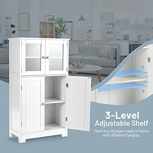 Tangkula Bathroom Floor Cabinet, Freestanding Storage Cabinet w/Glass Doors, Wooden Kitchen Cupboard w/Adjustable Shelf, Bathroom Storage Cabinet for Hallway Living Room Office (Cabinets, White)