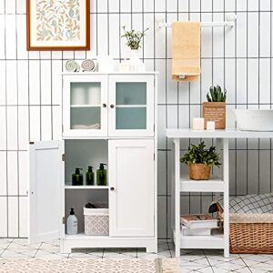 Tangkula Bathroom Floor Cabinet, Freestanding Storage Cabinet w/Glass Doors, Wooden Kitchen Cupboard w/Adjustable Shelf, Bathroom Storage Cabinet for Hallway Living Room Office (Cabinets, White)