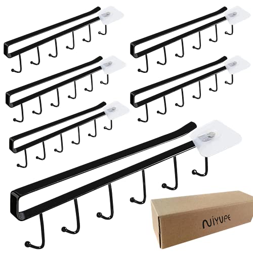 NIYUPE Adhesive Cup Holder Under Cabinet - 6 Hook Coffee Cup Mug Rack for Kitchen, Under Cabinet Mug Hanger fit for 0.8 inch Thickness Shelf, Shelves Storage Hangers(5pack)