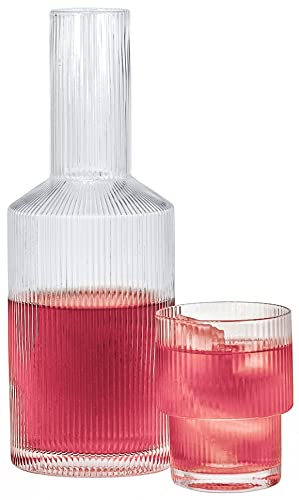 Red Co. Textured Round Clear Glass Bedside Water Serving Carafe with Tumbler – 2-Piece Beverage Set