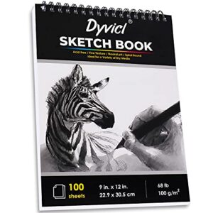 dyvicl sketch pad 9"x12" sketch book set, pack of 2, 100 sheets each(68 lb/100gsm), spiral bound acid free drawing paper for graphite pencil, colored pencil, charcoal, soft pastel