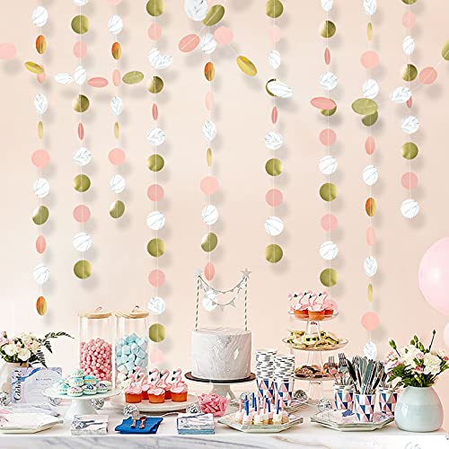 Gold Pink White Party Decoration Marble Stripe Circle Garland Hanging Decoration Party Banner Streamer Backdrop for Wedding Engagement Bday Birthday Sweet 16 Baby Bridal Shower Party Supplies