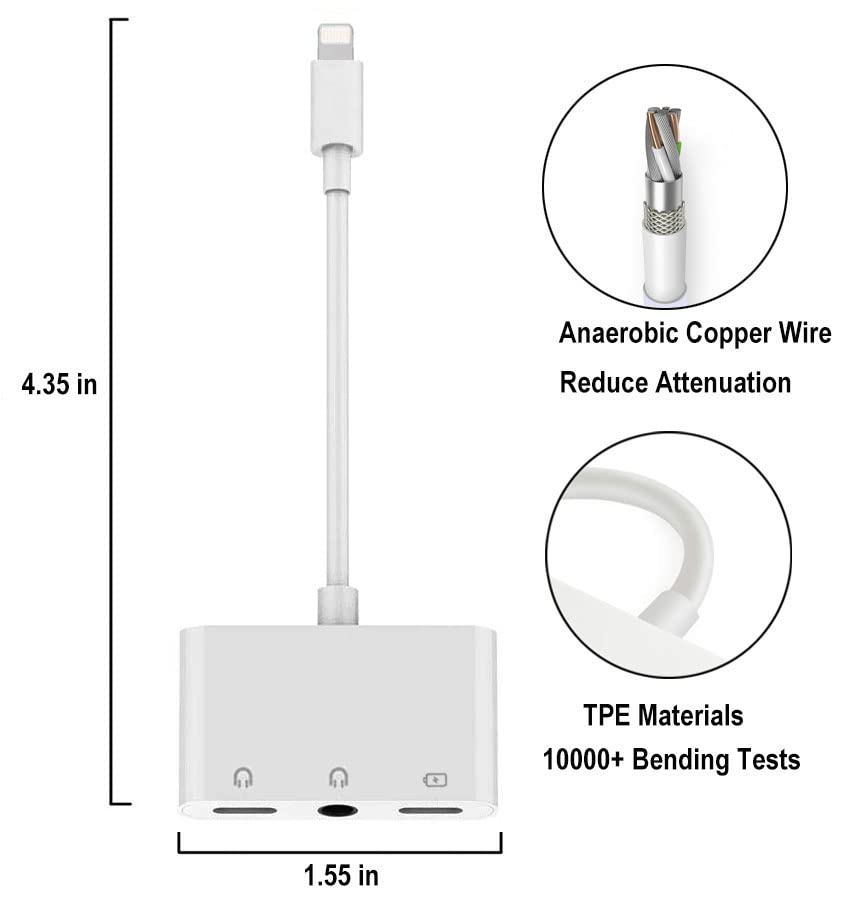 8ware Lightning to Headphone Adapter 3.5mm Jack Headphone Adapter 3 in 1 Earphone and Charging Splitter for iPhone 13/12/11/SE/XS/XR/X/8/7 and iPad