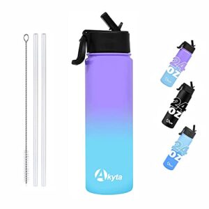 akyta 24 oz water bottle, sports vacuum insulated water bottle with straw lid, keep water cold/hot, double walled stainless steel, leakproof wide mouth thermos metal water bottles for hiking biking