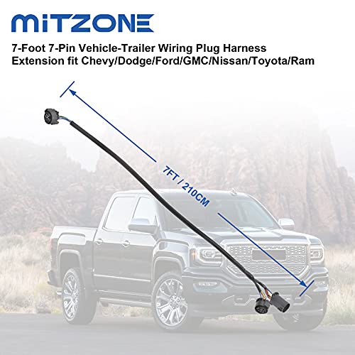 MITZONE 7-Foot 7-Pin Vehicle-Trailer Wiring Plug Harness Extension Compatible with Chevy/Dodge/Ford/GMC/Nissan/Toyota/Ram for Fifth-Wheel and gooseneck Trailers [Truck Bed Extension]