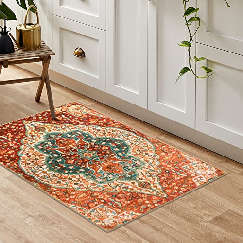 Chaelilife Oriental Floral Medallion Doormat - 2'x3' ft Persian Cream Floral Entry Rug Boho Collection Faux Wool Doormat Non-Slip Washable Carpet for Indoor Front Entrance Kitchen Bathroom Living Room