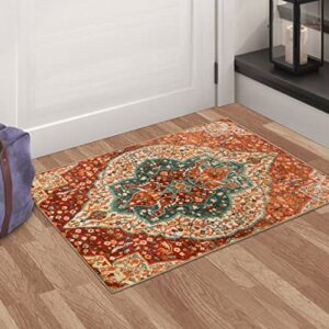 Chaelilife Oriental Floral Medallion Doormat - 2'x3' ft Persian Cream Floral Entry Rug Boho Collection Faux Wool Doormat Non-Slip Washable Carpet for Indoor Front Entrance Kitchen Bathroom Living Room