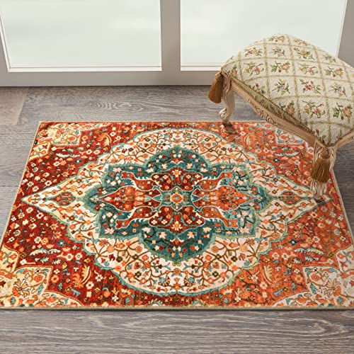 Chaelilife Oriental Floral Medallion Doormat - 2'x3' ft Persian Cream Floral Entry Rug Boho Collection Faux Wool Doormat Non-Slip Washable Carpet for Indoor Front Entrance Kitchen Bathroom Living Room