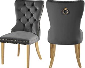 meridian furniture carmen collection velvet upholstered dining chair with sturdy gold metal legs, set of 2, grey