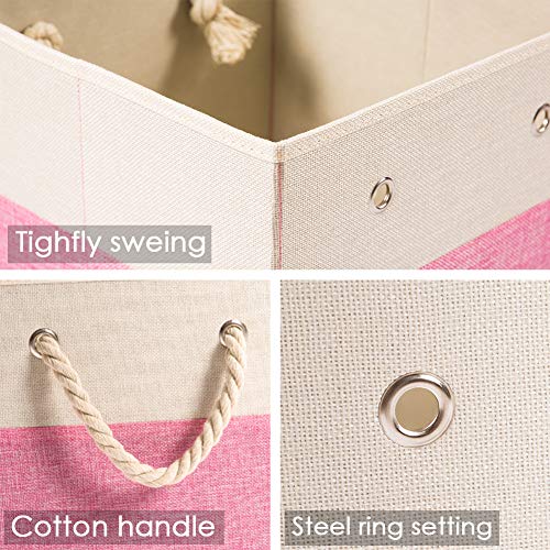 PRANDOM Large Foldable Cube Storage Bins 11x11 inch [4-Pack] Fabric Linen Storage Baskets Cubes Drawer with Cotton Handles Organizer for Shelves Toy Nursery Closet Bedroom Pink