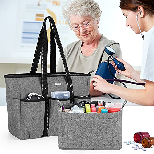 Damero Nurse Tote Bags with Organizer Insert Bag, Medical Supplies Bags with Laptop Sleeve for Home Care Nurse, Medical Students and More, Gray