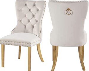 meridian furniture carmen collection velvet upholstered dining chair with sturdy gold metal legs, set of 2, cream