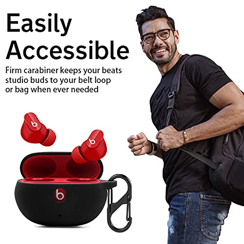 LiZHi Silicone Case Cover for 2021 New Beats Studio Buds, Anti-Lost Shockproof Protective Case Cover for Beats Studio Bud with Keychain Easy Carrying Replacement Case with Carabiner (Black)