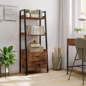 FABATO 3-Tier Ladder Shelf Bookcase with 2 Drawer Organizer Display Shelves Freestanding Bookshelf with Metal Frame for Living Room Office Kitchen Rustic Brown