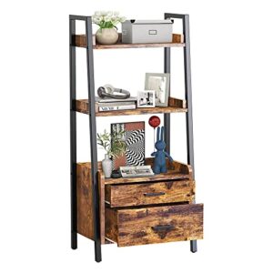 FABATO 3-Tier Ladder Shelf Bookcase with 2 Drawer Organizer Display Shelves Freestanding Bookshelf with Metal Frame for Living Room Office Kitchen Rustic Brown