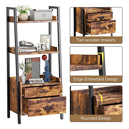 FABATO 3-Tier Ladder Shelf Bookcase with 2 Drawer Organizer Display Shelves Freestanding Bookshelf with Metal Frame for Living Room Office Kitchen Rustic Brown