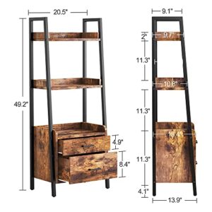 FABATO 3-Tier Ladder Shelf Bookcase with 2 Drawer Organizer Display Shelves Freestanding Bookshelf with Metal Frame for Living Room Office Kitchen Rustic Brown