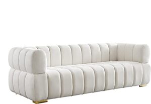 meridian furniture gwen collection velvet upholstered sofa with deep biscuit tufting, cream