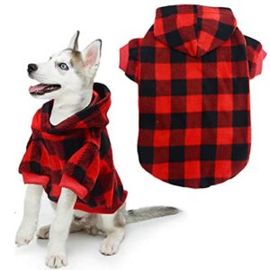 plaid dog hoodie pet fleece sweater winter coat with hat for small medium large dogs red and black l